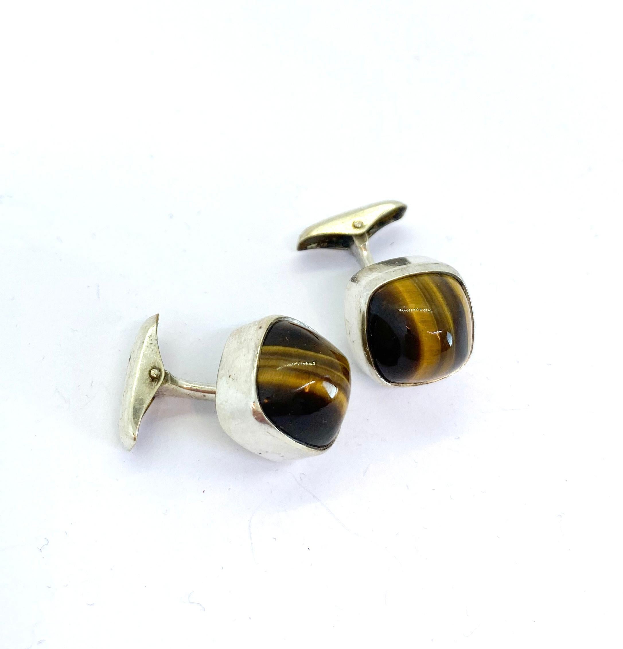 Silver Cufflinks by Elis Kauppi for Kupittaan Kulta, Finland, Tiger Eye Stone 1