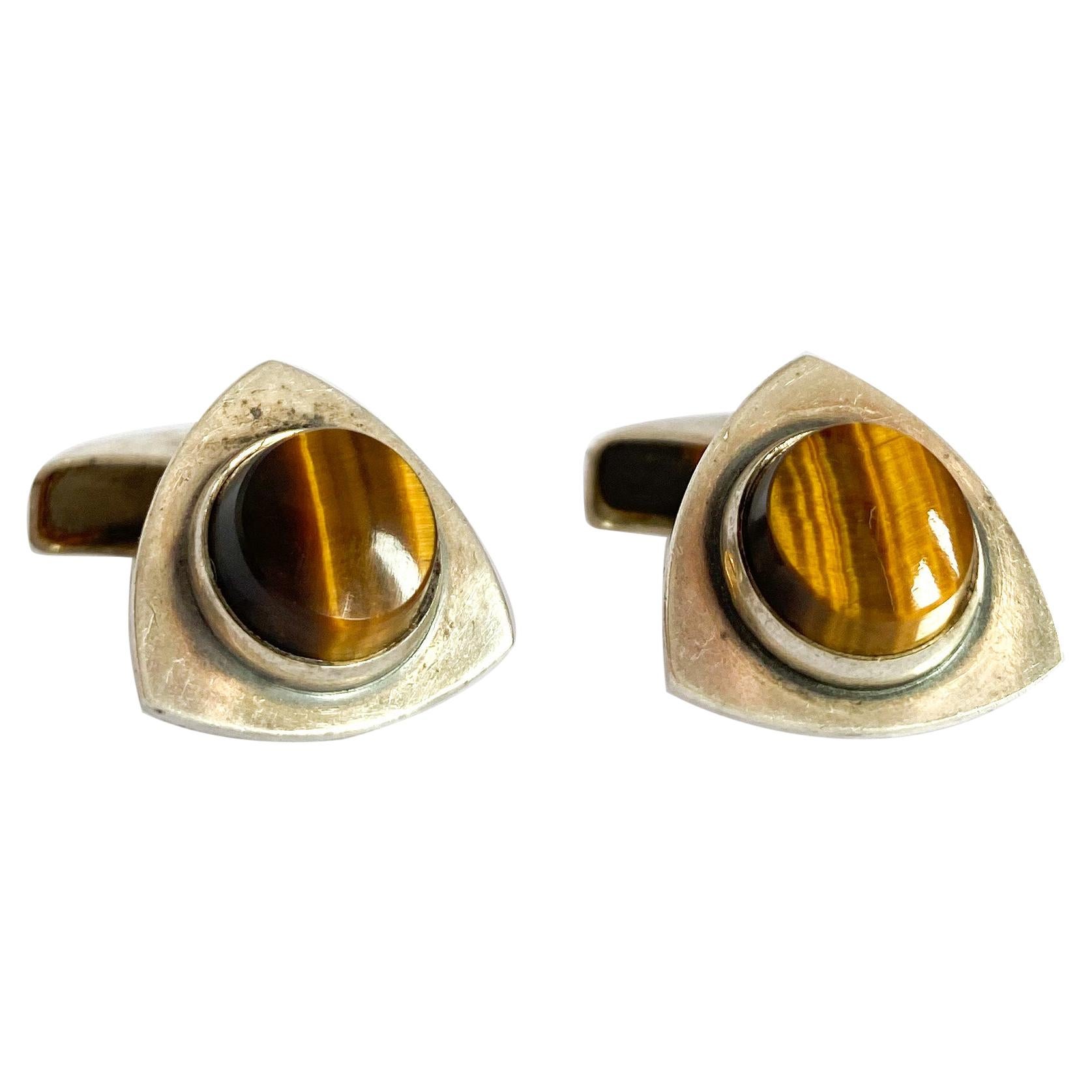 Silver Cufflinks by Elis Kauppi for Kupittaan Kulta, Finland, Tiger Eye Stone