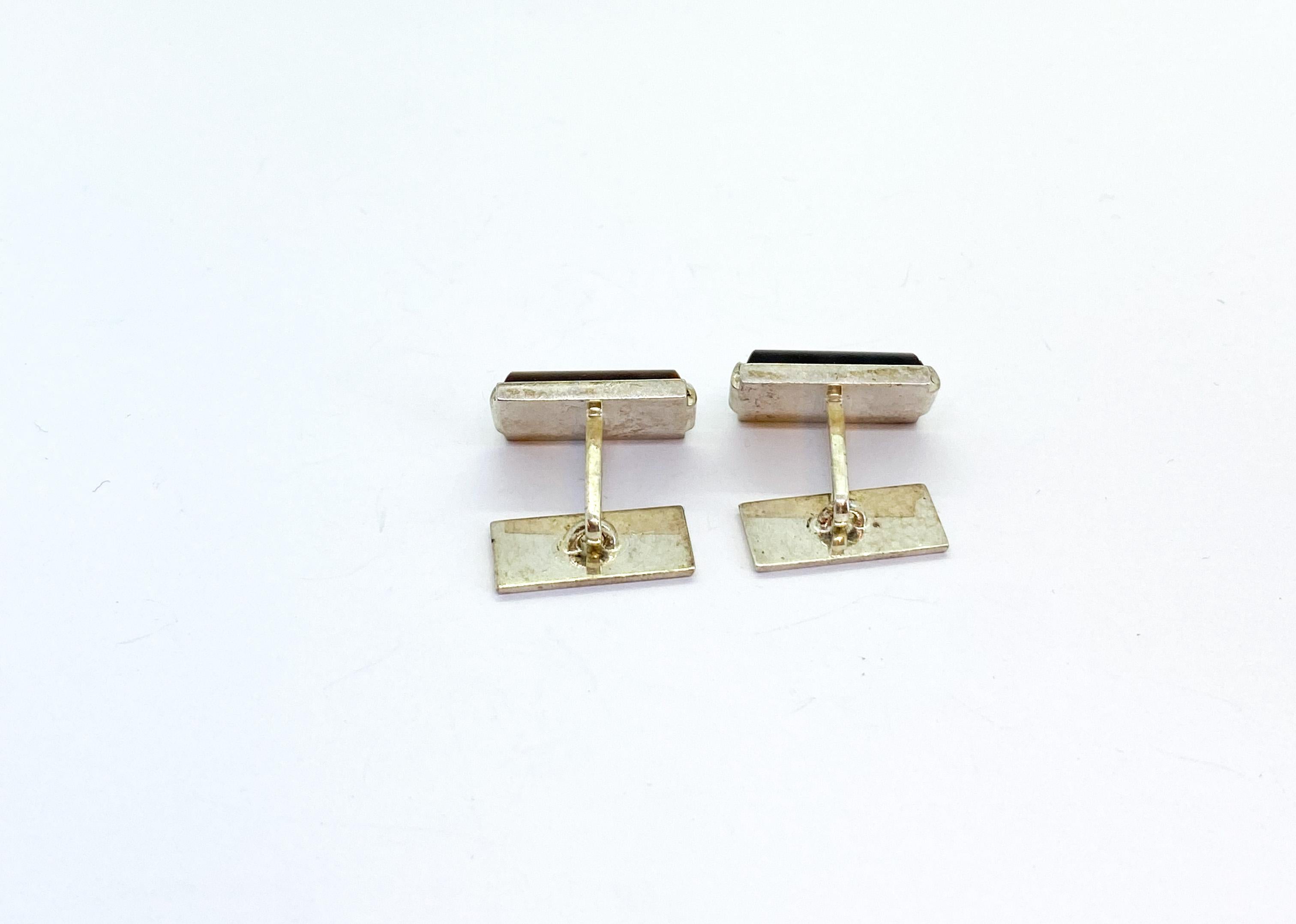 Modernist Silver Cufflinks, Finland, Tiger Eye Stone, 1965, Kupittaan Kulta For Sale