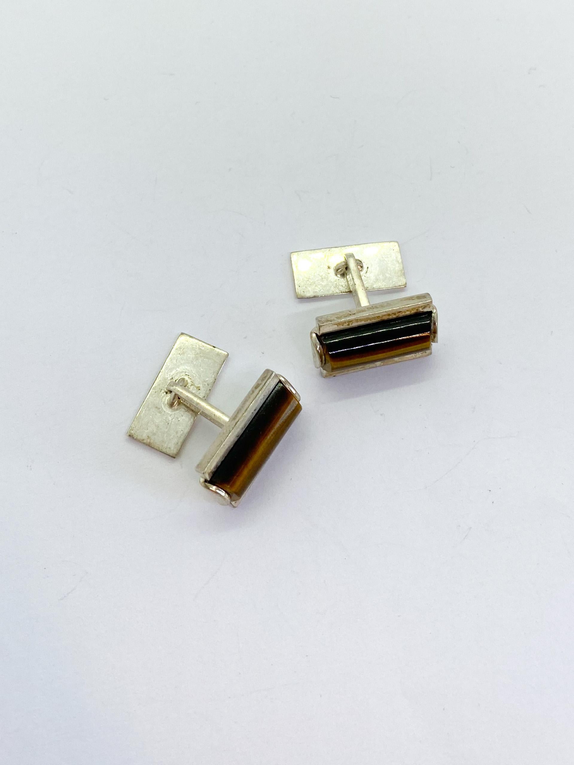 Round Cut Silver Cufflinks, Finland, Tiger Eye Stone, 1965, Kupittaan Kulta For Sale