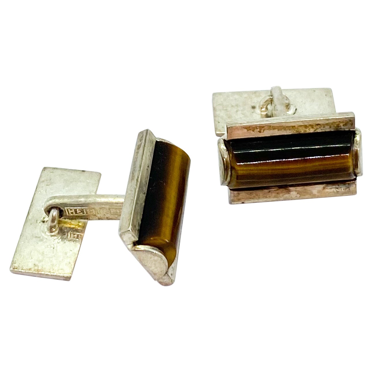 Boutons de manchette en argent, Finlande, pierre œil de tigre, 1965, Kupittaan Kulta