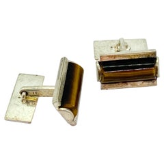 Silver Cufflinks, Finland, Tiger Eye Stone, 1965, Kupittaan Kulta