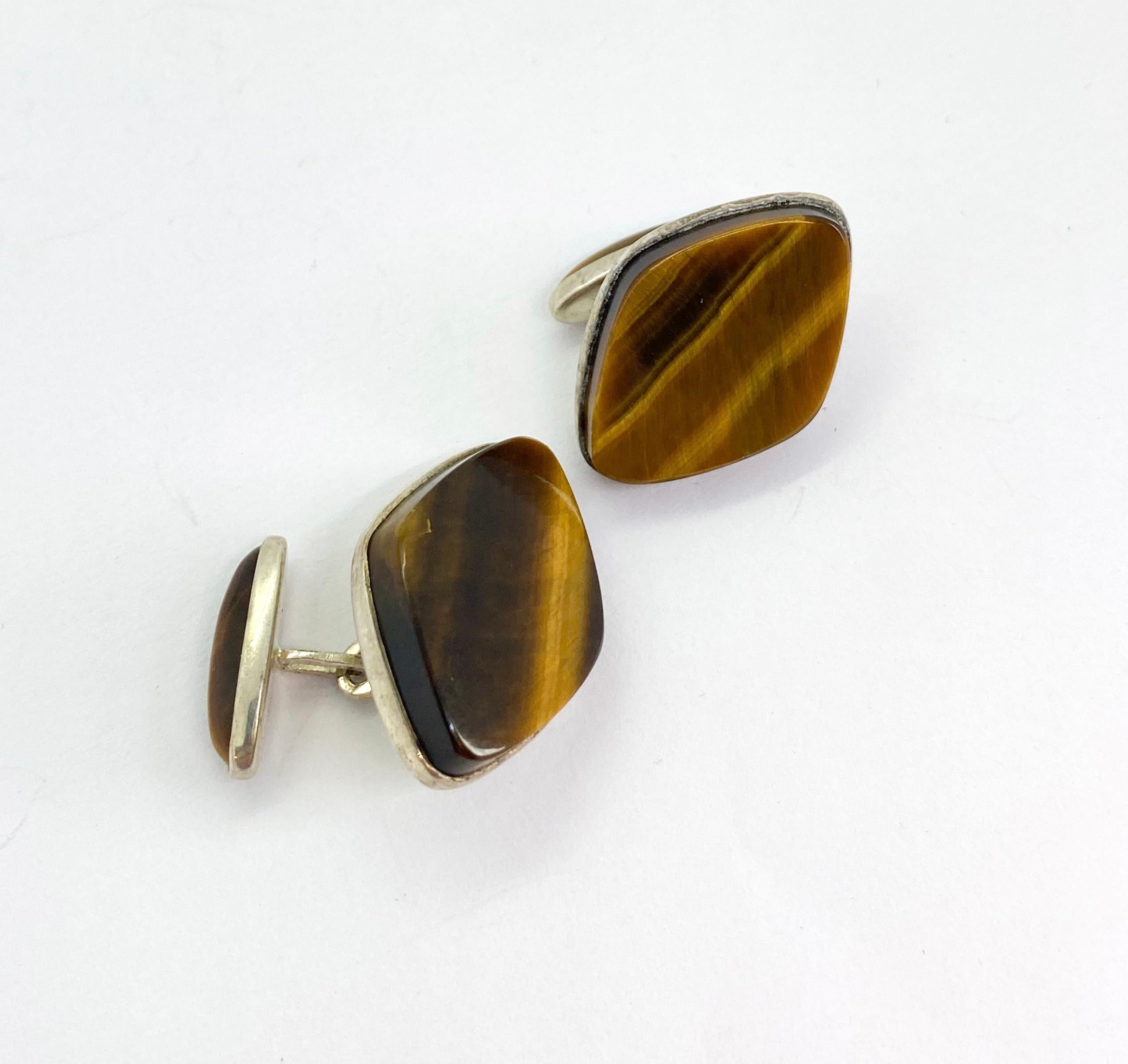 Silver Cufflinks, Finland, Tiger Eye Stone For Sale 1