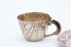 Silver cup and saucer engraved with "MY SOUPS"