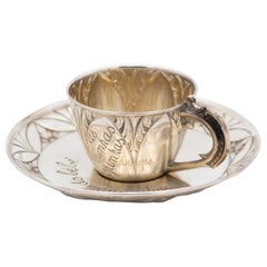 Tazza e piattino in argento con incisione "MY SOUPS".