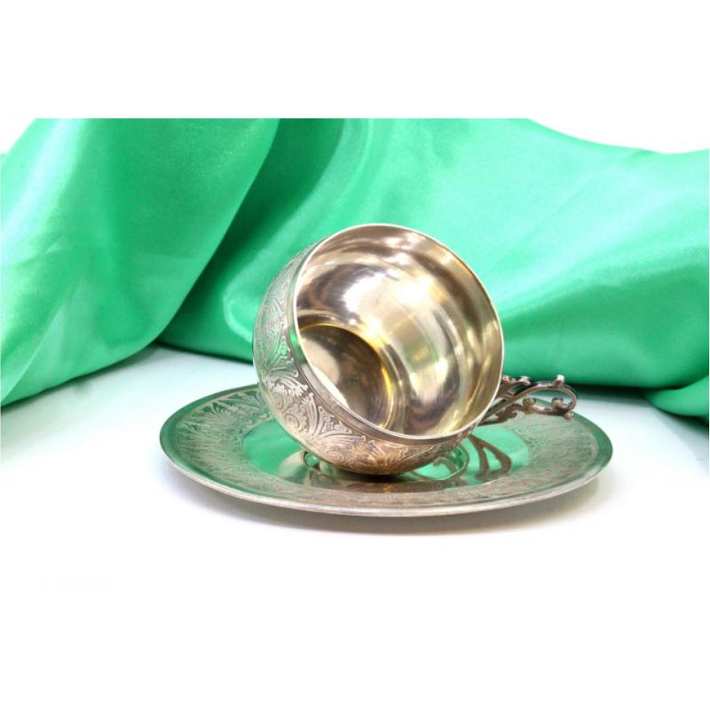 Silver cup and saucer with reliefs and cutouts on the handles im Angebot 2