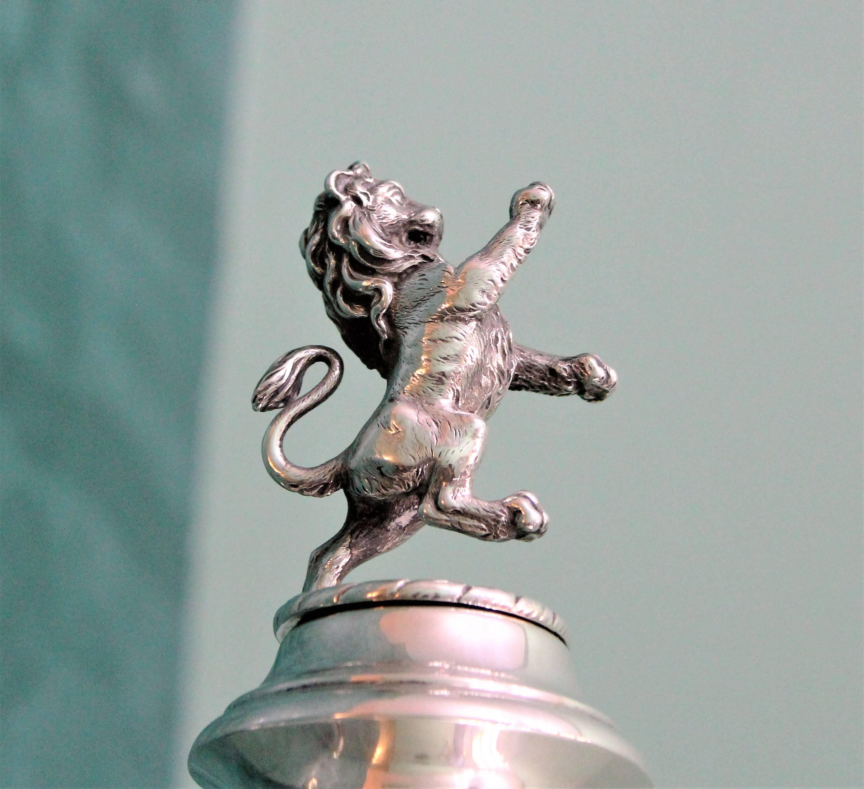 Arts and Crafts Silver Cup/Trophy, Three Handles and Lion Sculpture, London, 1897