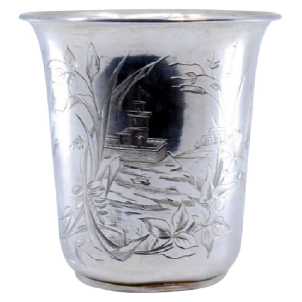 Silver cup with engravings of flowers, leaves and landscape