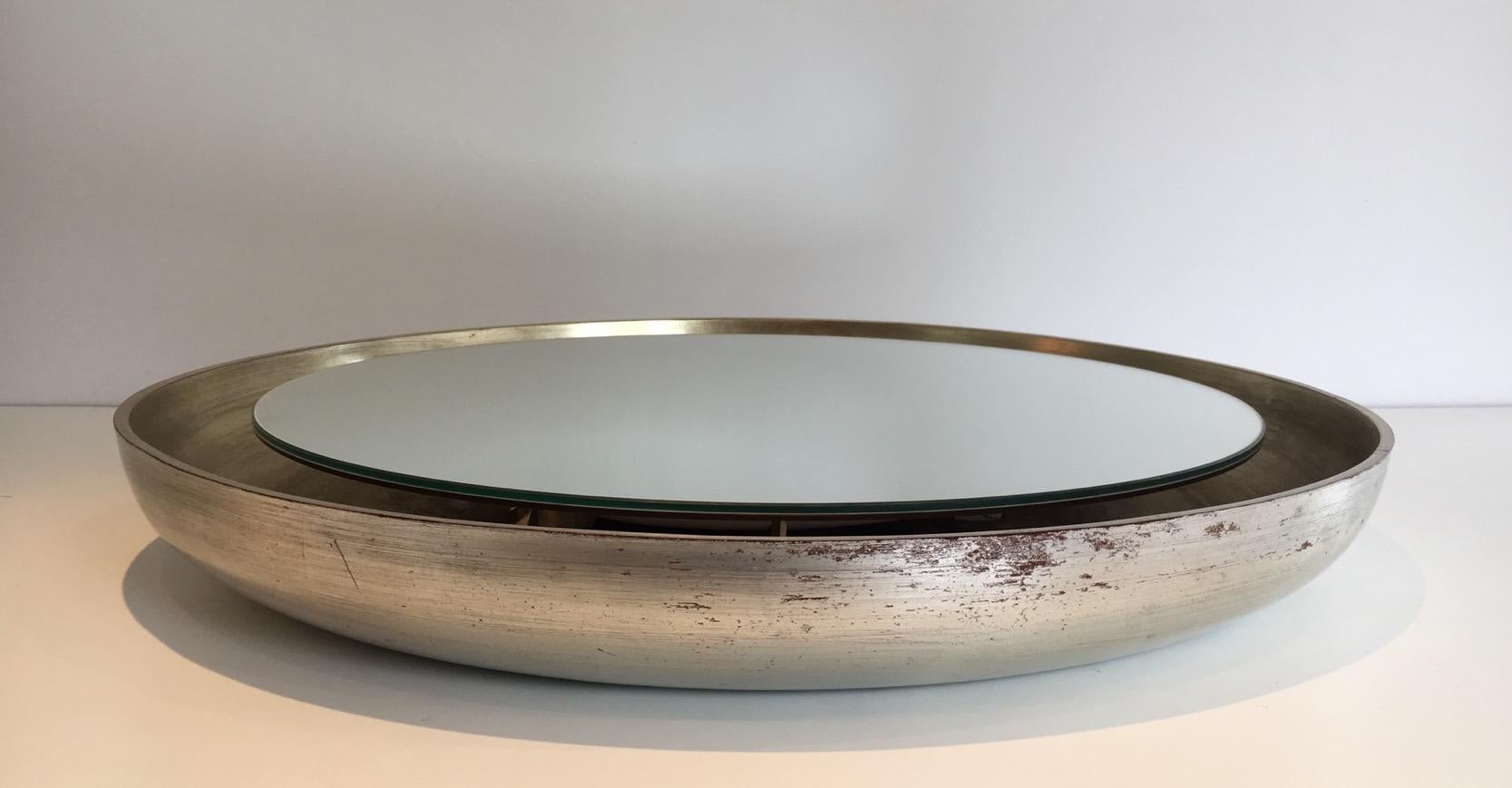 Painted Silver Curved Wood Mirror, circa 1950 For Sale