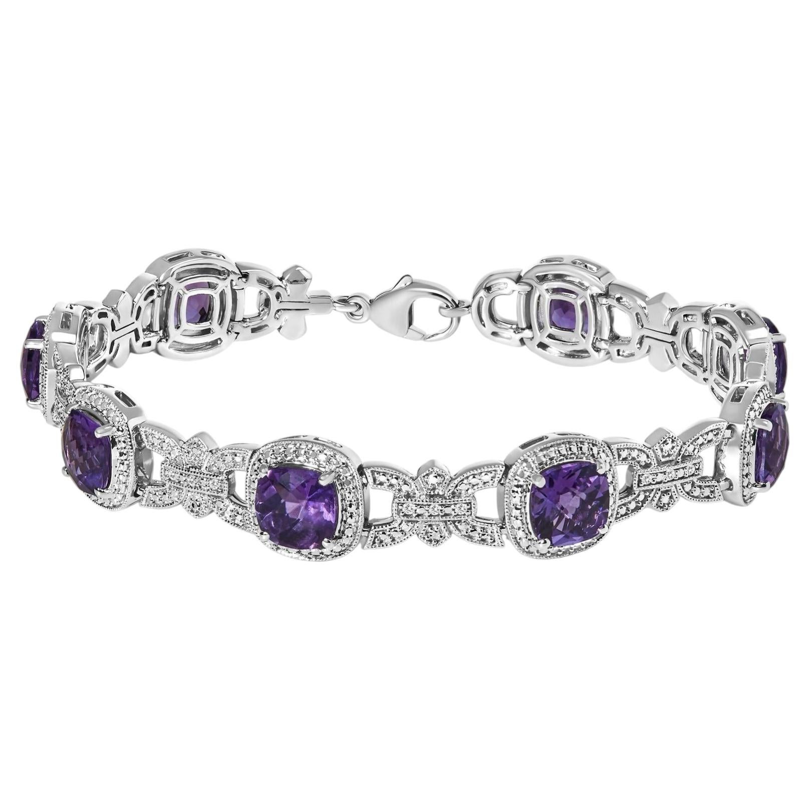 Silver Cushion-Cut Purple Amethyst & Diamond Vintage Halo Link Bracelet