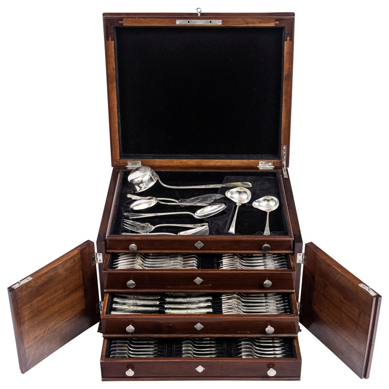 Silver 800 Cutlery Set for 12 People, Düsseldorf, Germany, Late 19th Century For Sale