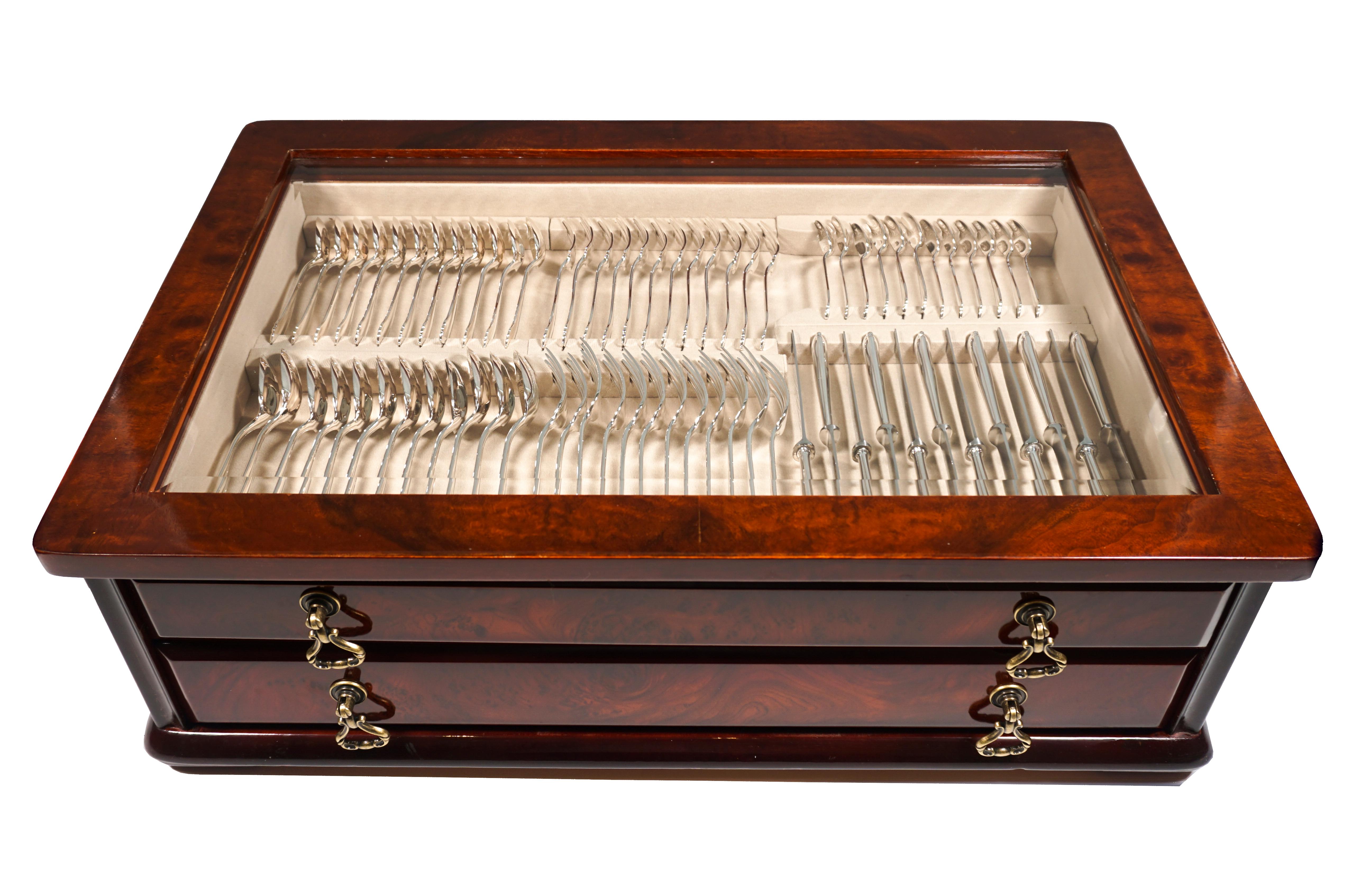 Art Deco Silver Cutlery Set for 12 People in Showcase Vienna Jarosinski & Vaugoin ca 1925 For Sale