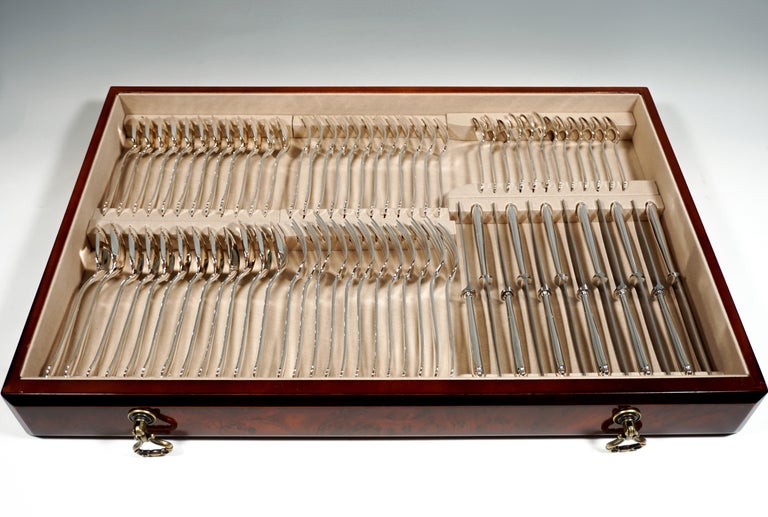 Austrian Silver Cutlery Set for 12 People in Showcase Vienna Jarosinski & Vaugoin ca 1925 For Sale
