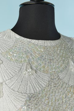 Silver damask sleeveless evening dress with sequin and beadwork Léa STUTZ