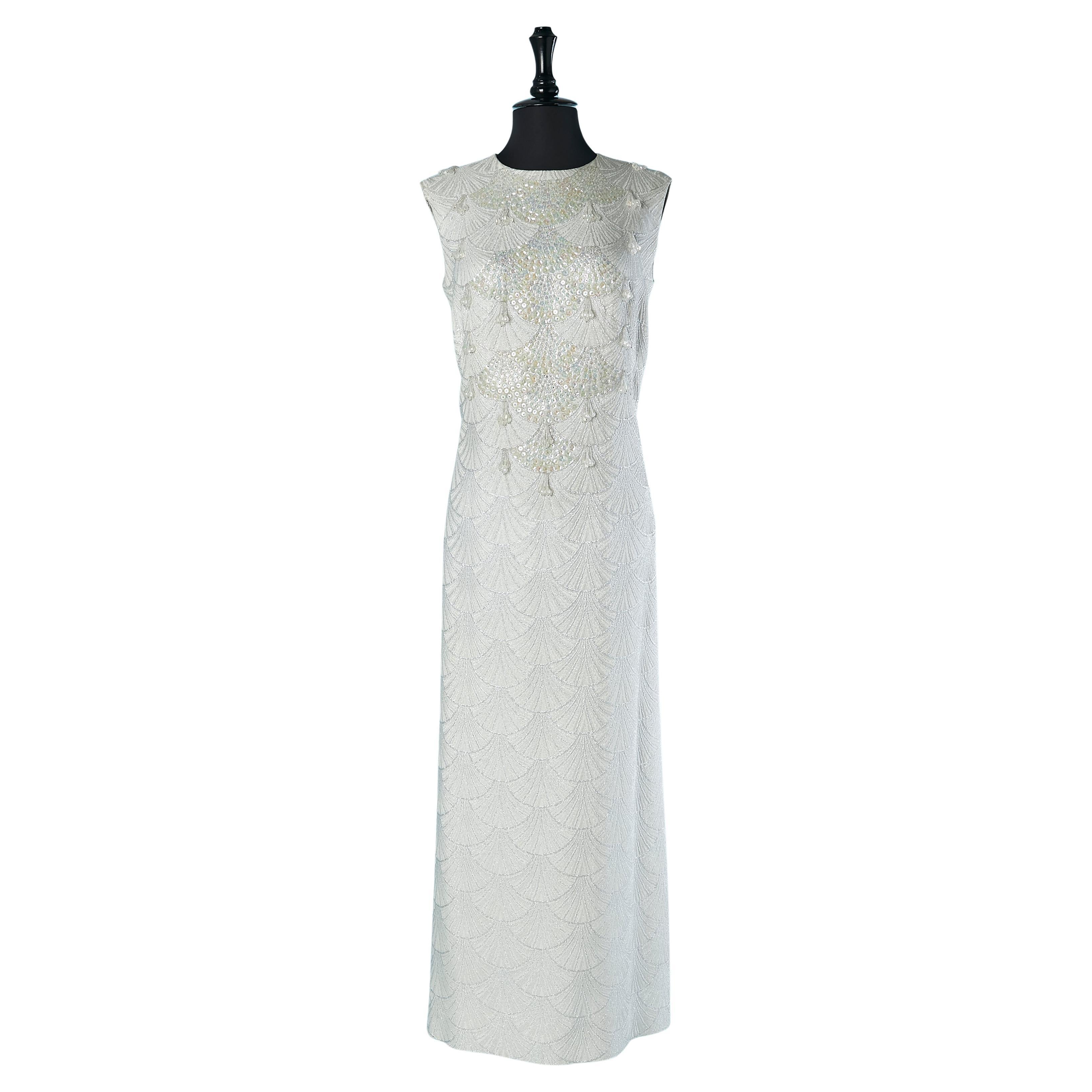 Silver damask sleeveless evening dress with sequin and beadwork Léa STUTZ