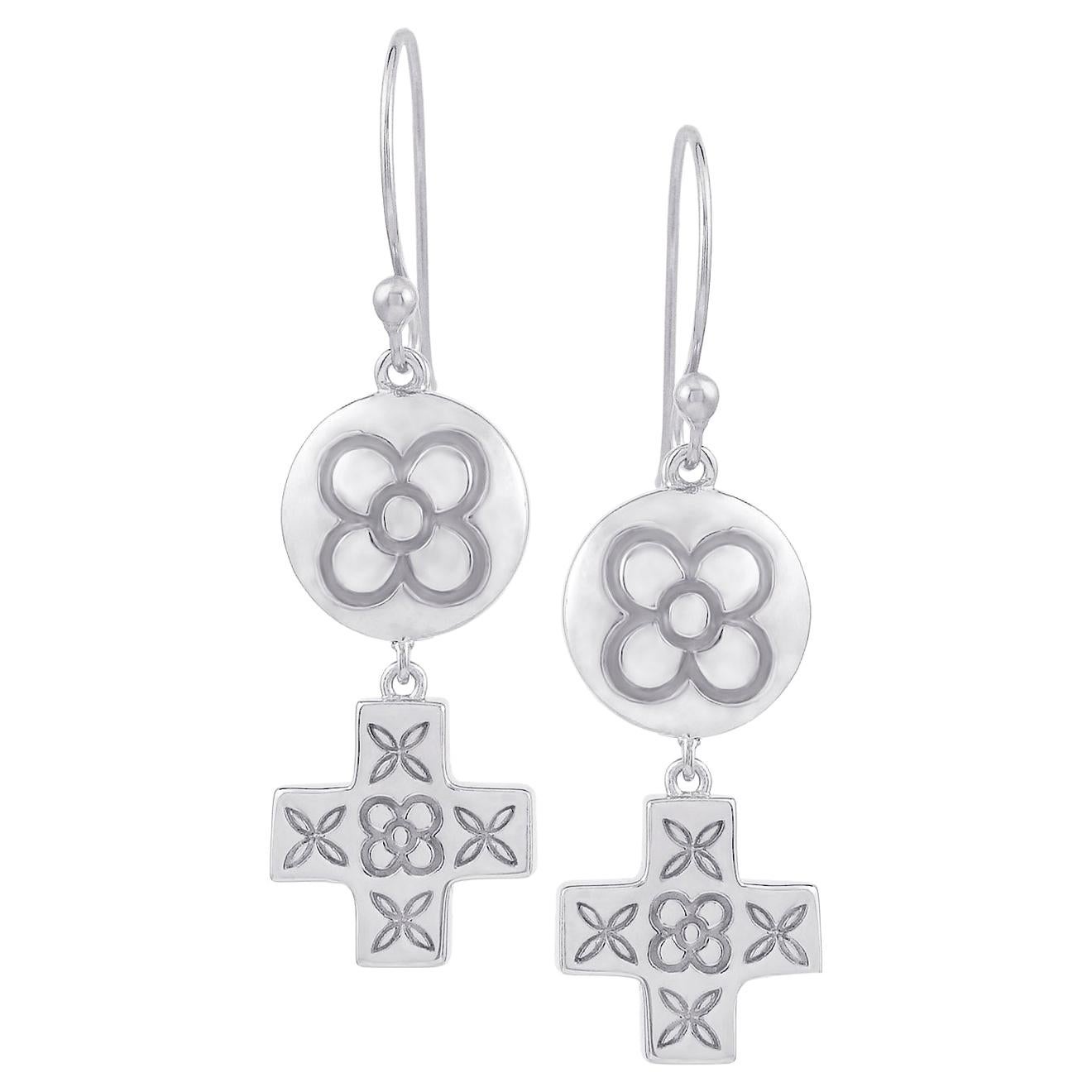 White Gold Plated Sterling Silver Flower Cross Drop Earrings DIAMONDS in the SKY For Sale
