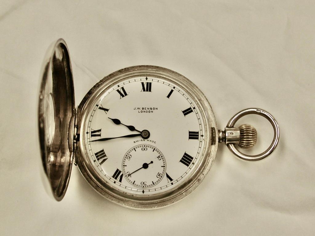 Sterling Silver Silver Demi-Hunter Pocket Watch, Dated 1919, J W Benson, London