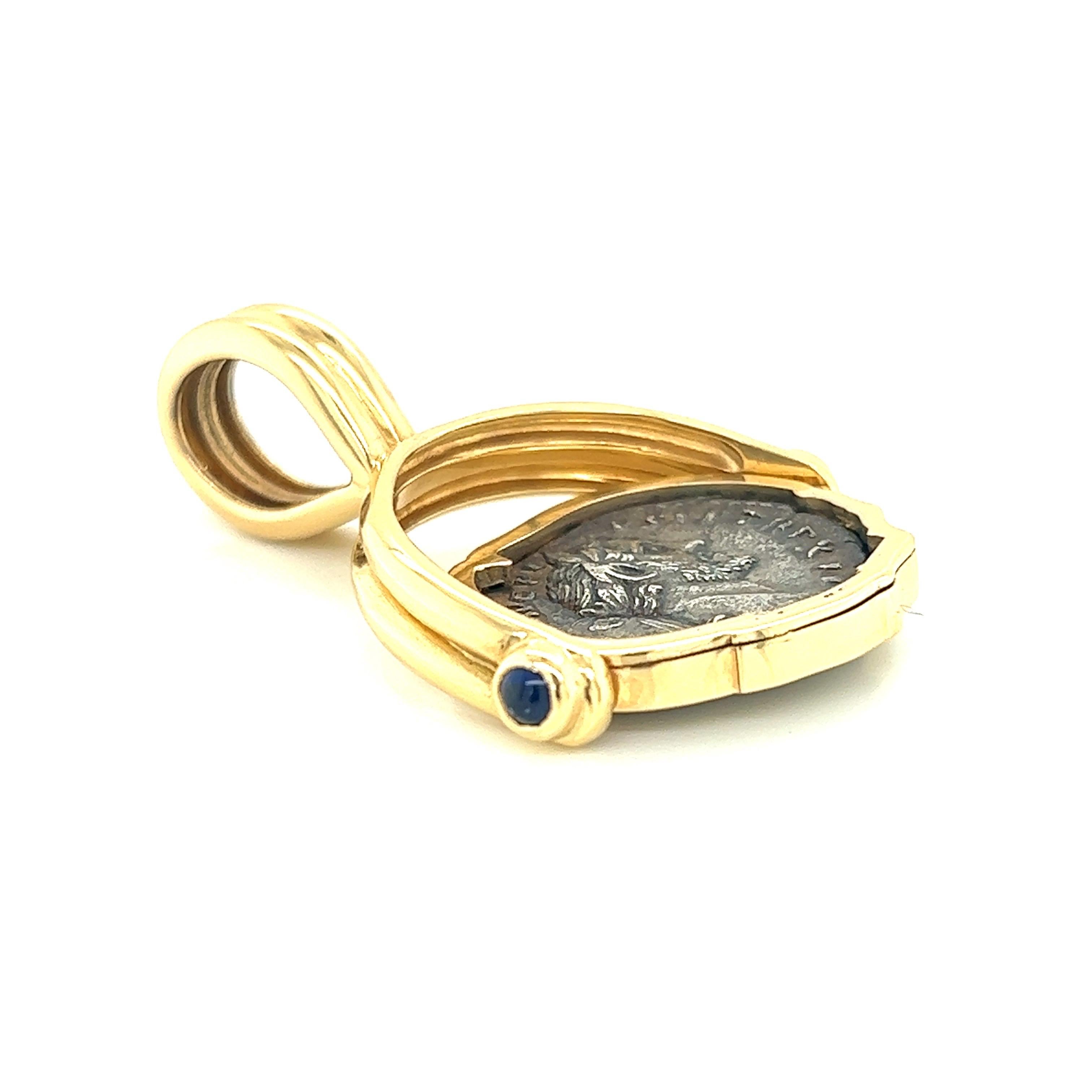 Women's or Men's Silver Denarius Coin Antonius Pius Flip Pendant with Cabochon Sapphires For Sale