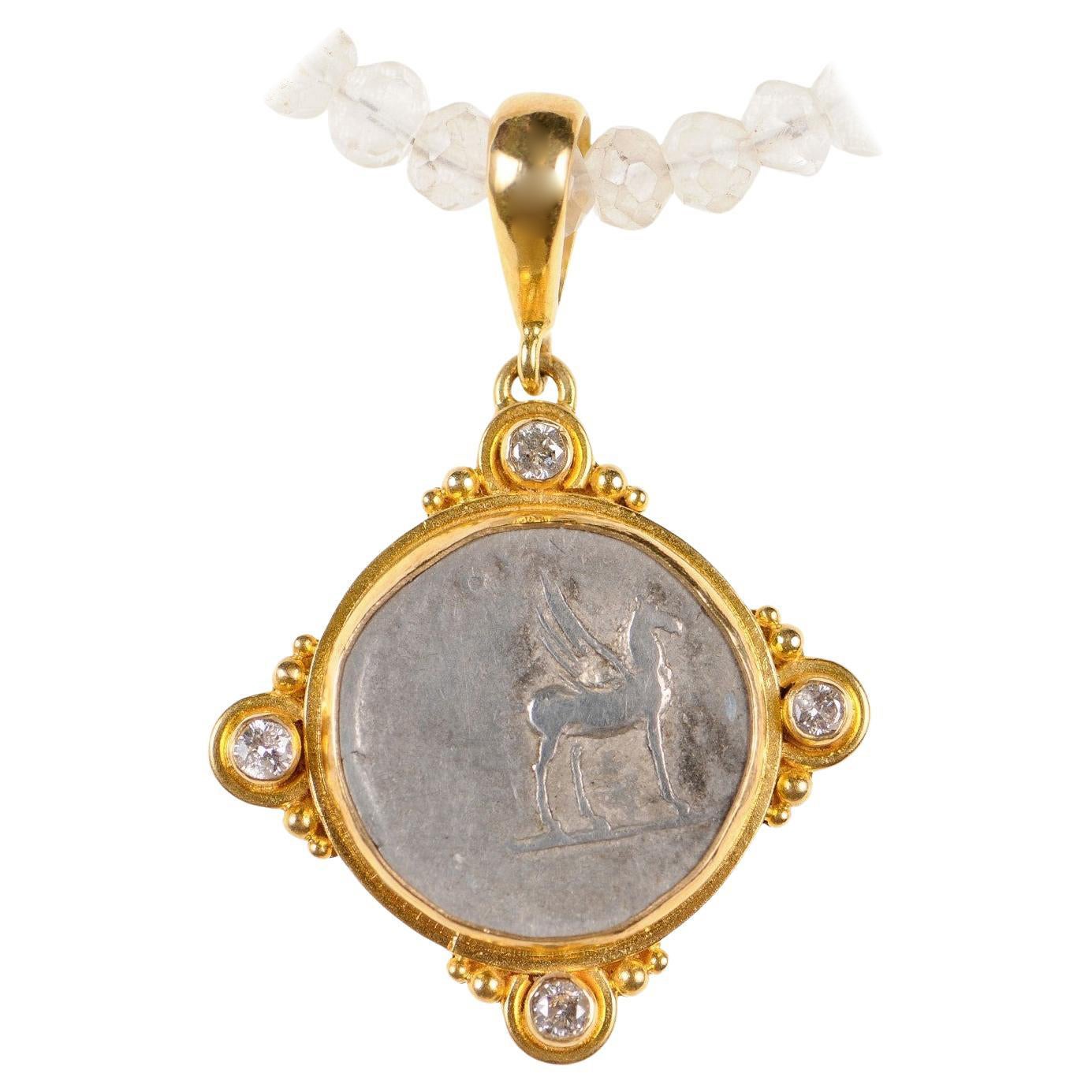 Conjunto de monedas romanas de denario de plata en forma de colgante en oro de 22 quilates con diamantes (solo el colgante)