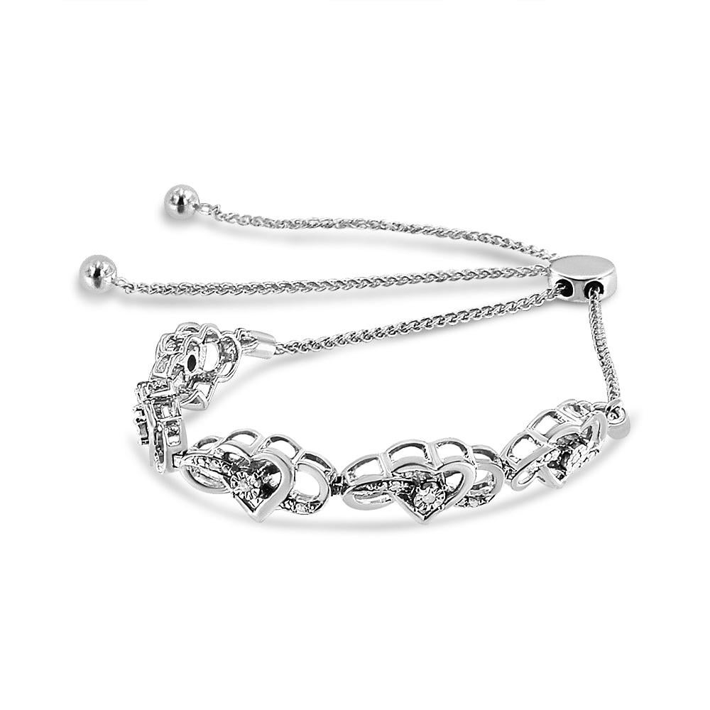 Round Cut Silver Diamond Accent Interlocking Infinity and Heart Tennis Bolo Bracelet For Sale
