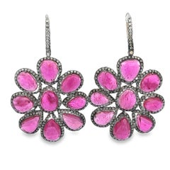Silver Diamond and Ruby Flower Earrings