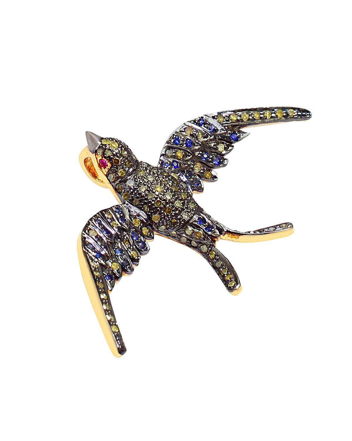 925 Sterling Silver 0.85cts Diamond & 0.04cts ruby &0.18cts sapphire bird Brooch In New Condition In jaipur, IN
