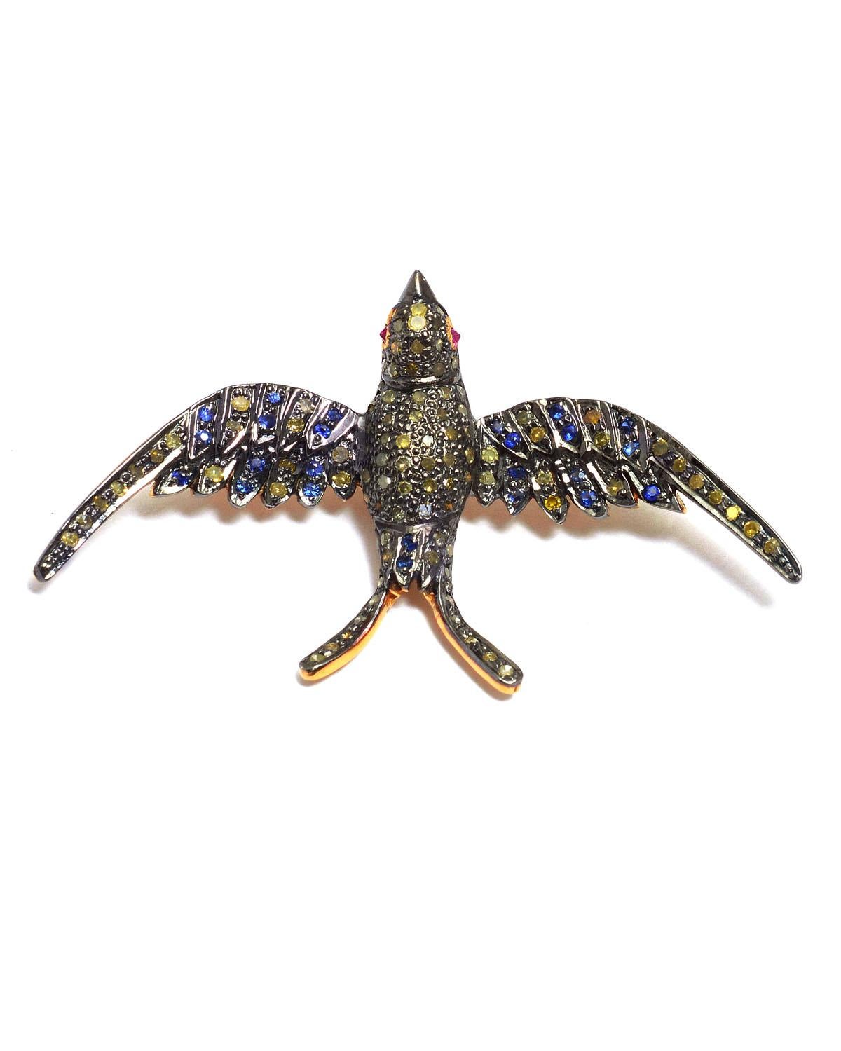 Women's 925 Sterling Silver 0.85cts Diamond & 0.04cts ruby &0.18cts sapphire bird Brooch