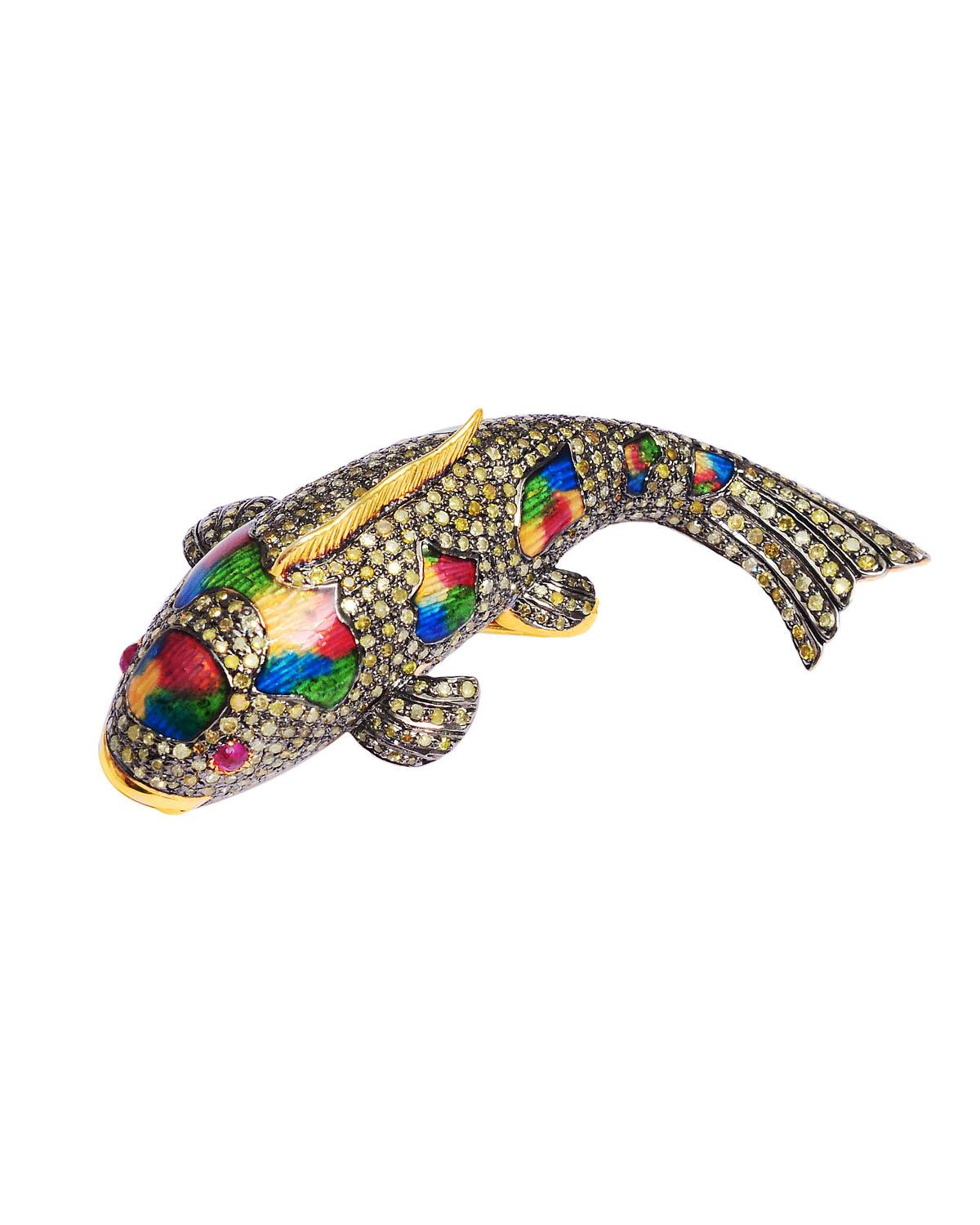 925 Sterling Silver 2.91cts Diamond fish Brooch In New Condition In jaipur, IN