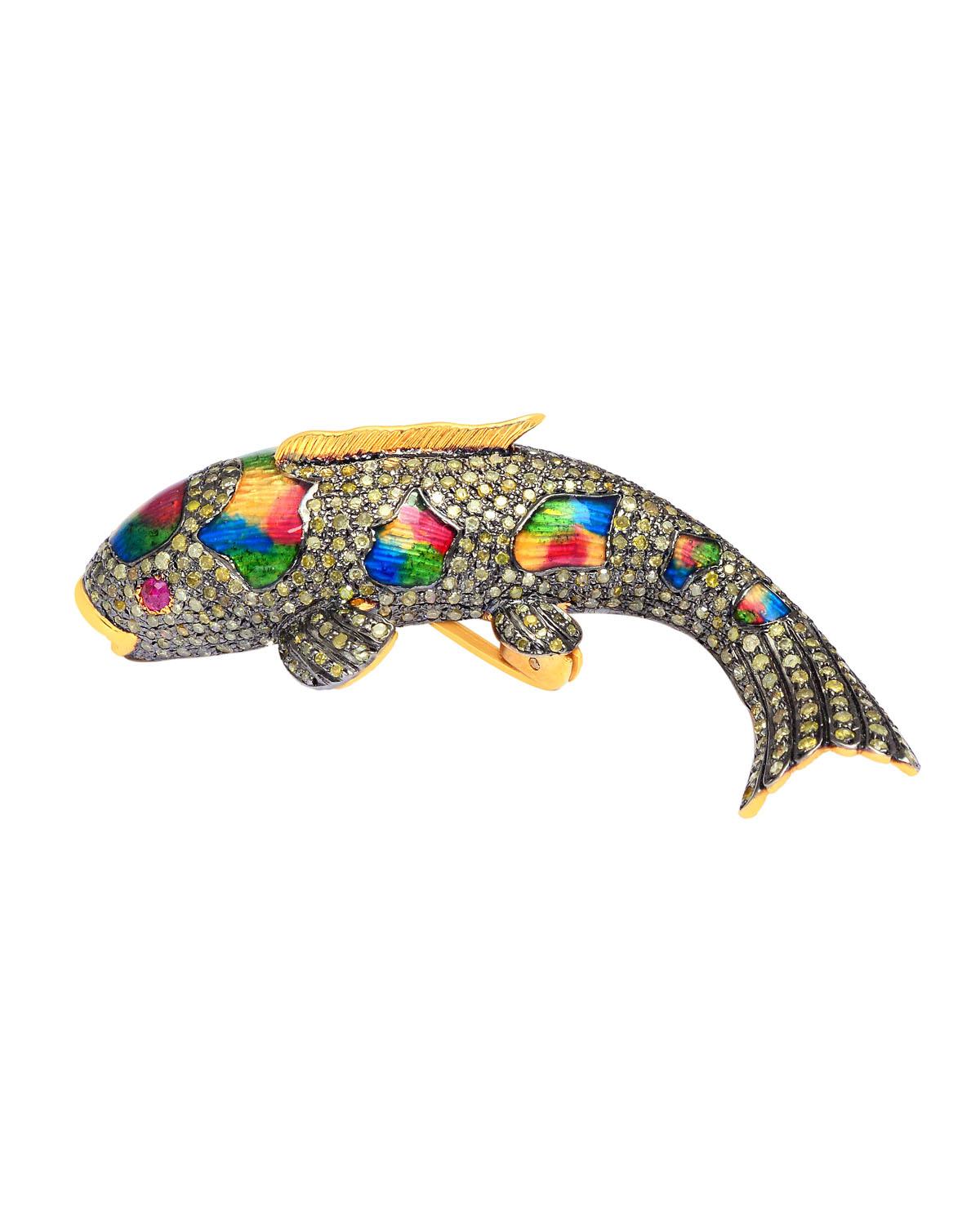 Women's or Men's 925 Sterling Silver 2.91cts Diamond fish Brooch