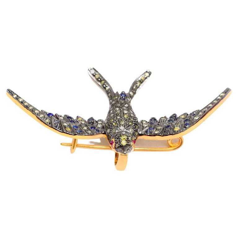925 Sterling Silver 0.85cts Diamond & 0.04cts ruby &0.18cts sapphire bird Brooch For Sale