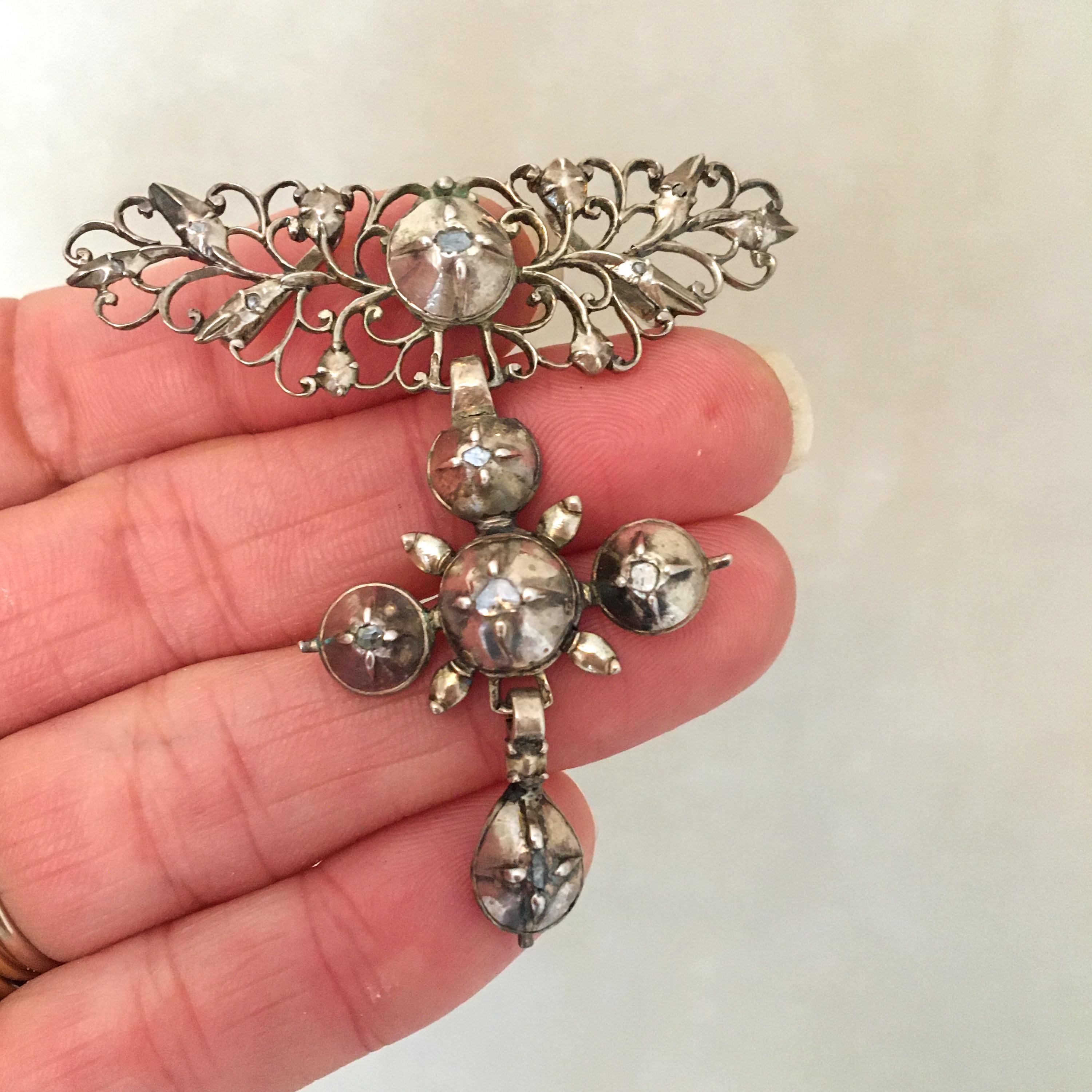 Women's or Men's Antique Rose Cut Diamond and Silver Cross Pendant For Sale