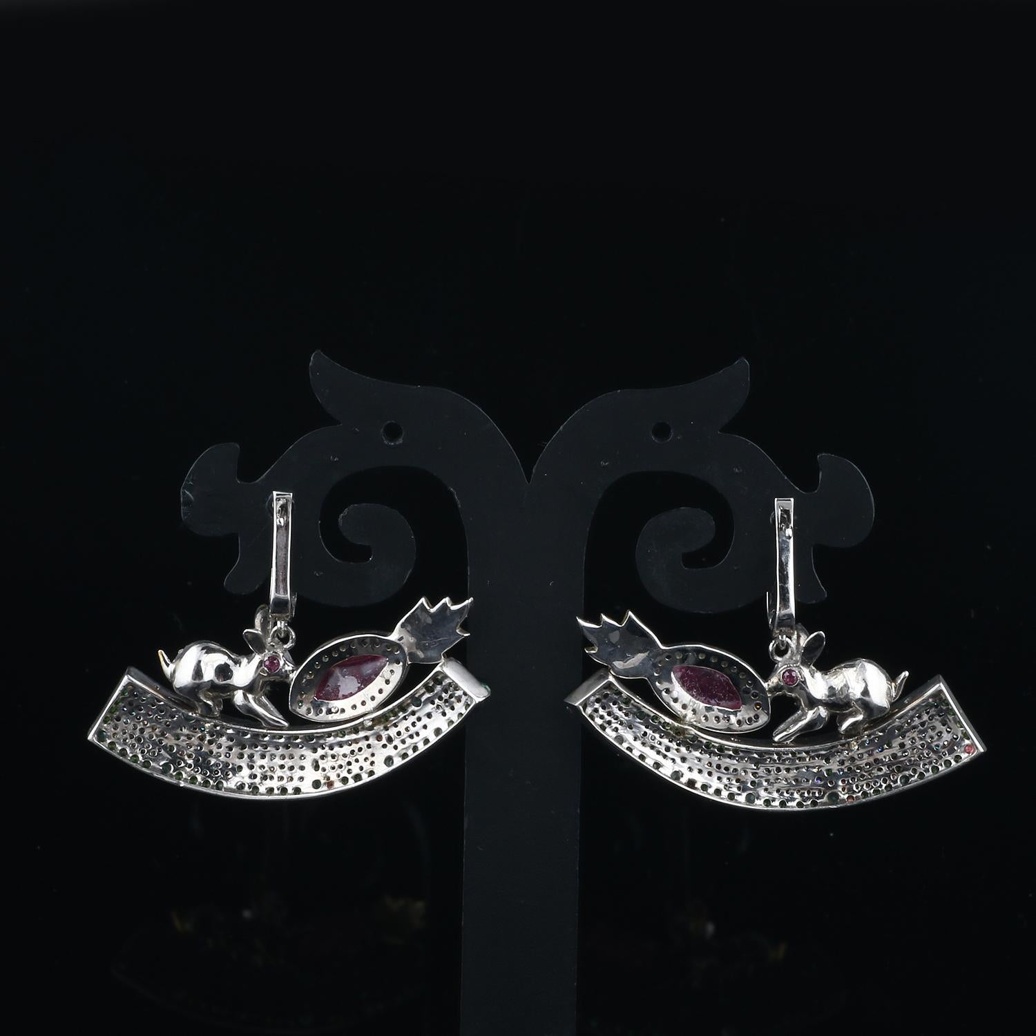 Round Cut Silver Diamond Earrings, Victorian Style Emerald Tourmaline Tsavorite Earrings For Sale