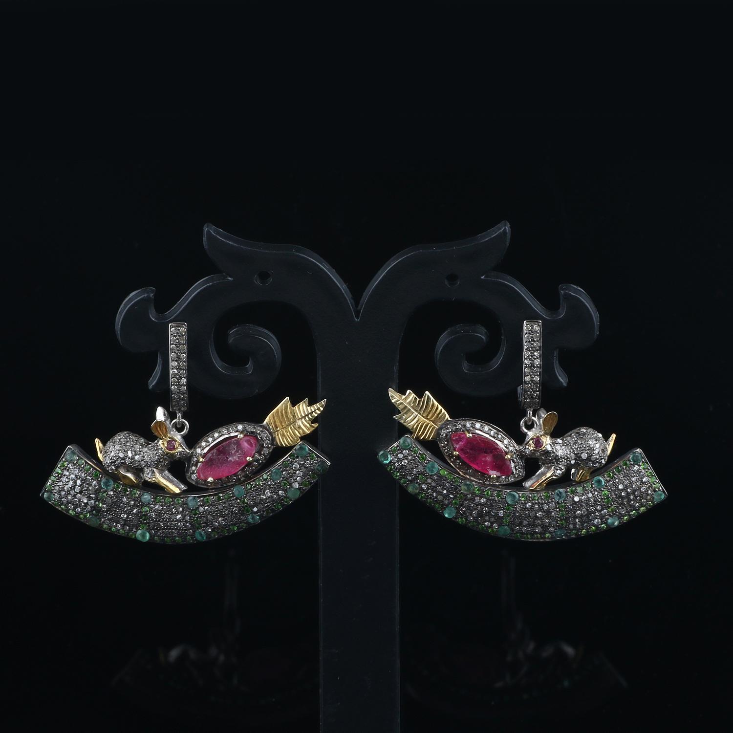 Silver Diamond Earrings, Victorian Style Emerald Tourmaline Tsavorite Earrings In New Condition For Sale In Jaipur, RJ