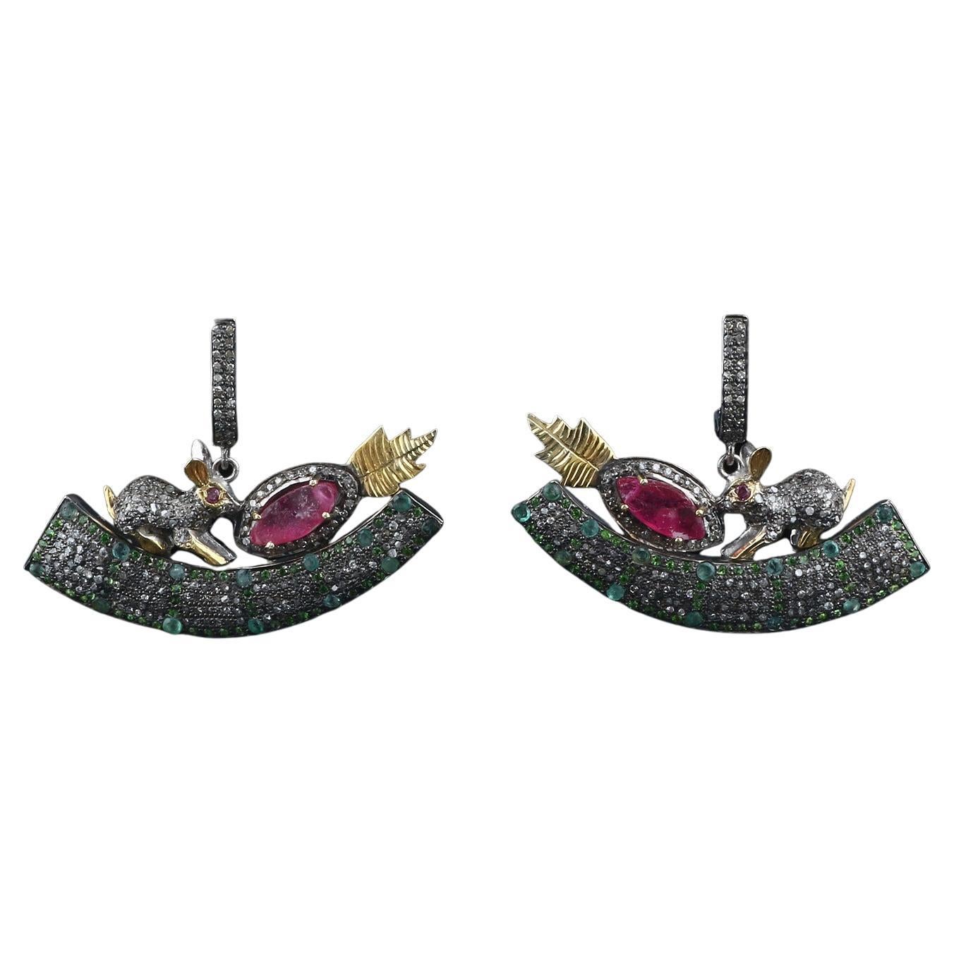 Silver Diamond Earrings, Victorian Style Emerald Tourmaline Tsavorite Earrings For Sale