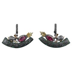 Boucles d'oreilles en argent et diamant, boucles d'oreilles de style victorien en émeraude, tourmaline et tsavorite