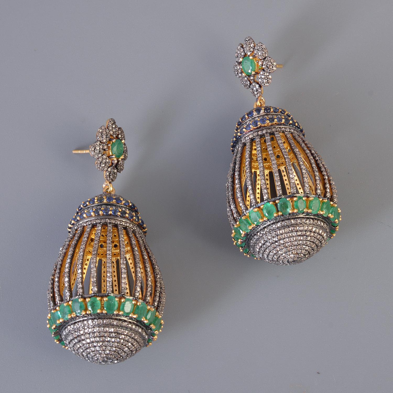 925 Sterling Silver 10.80cts Diamond& 7.70cts Emerald & 4.75cts Sapphire Earring In New Condition In jaipur, IN