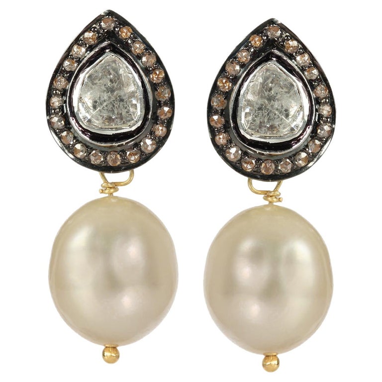 Boucles d'oreilles en argent sterling 925 avec diamants de 0,90 carat et  perles de 25,50 carats En vente sur 1stDibs