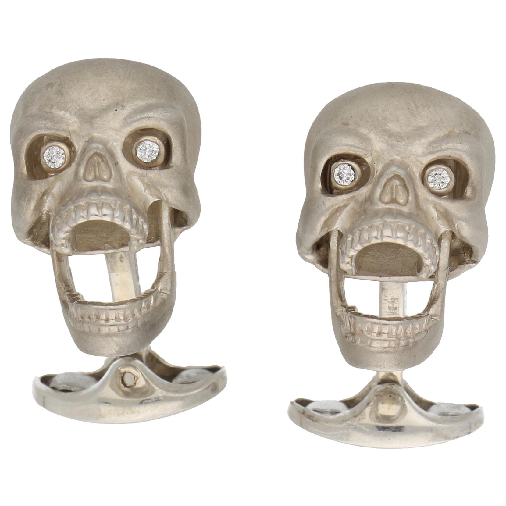 Sterling Silver Skull Cufflinks With Diamond Eyes