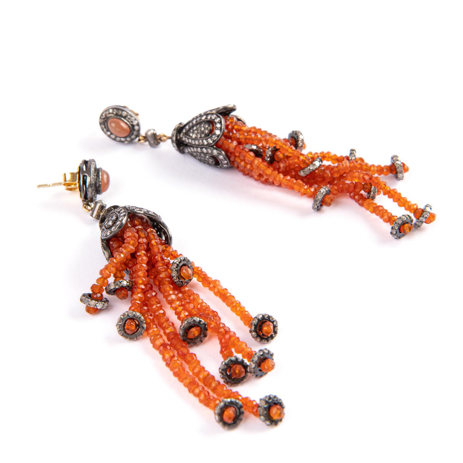 Fashion Silver pendant earrings feeature with diamonds and orange sapphires