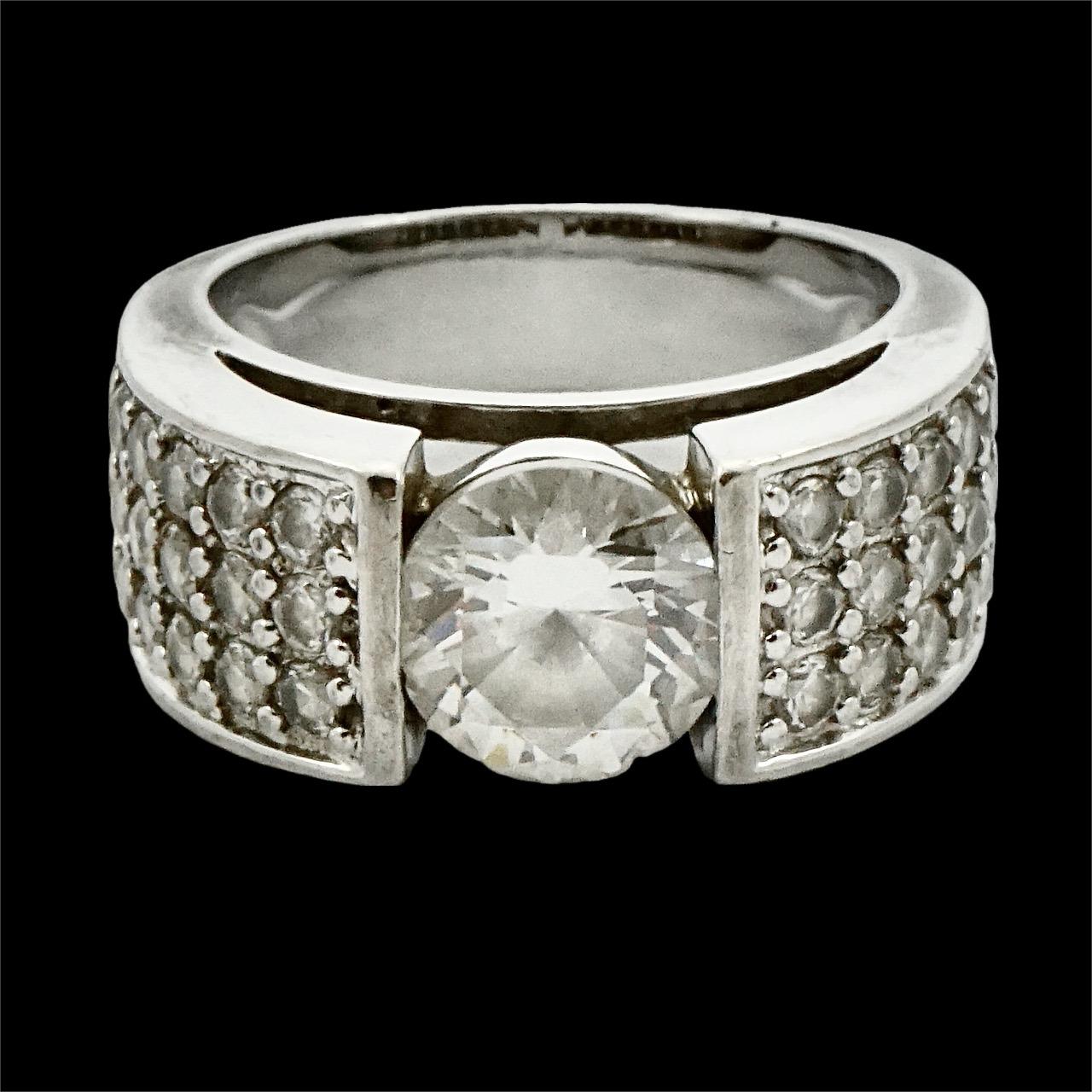 Silver Diamonique Cubic Zirconia Solitaire Ring with Pavé Shoulders For Sale 5