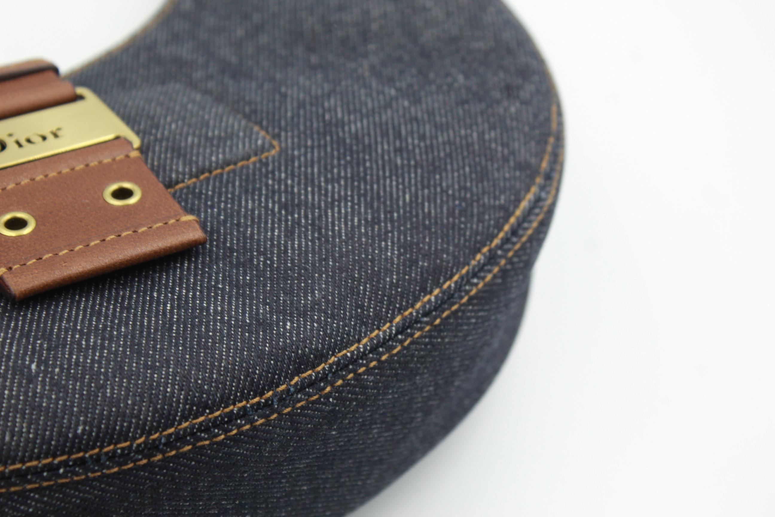 Black Silver Dior Half Moon Bag in Denim Canvas and Brown Leather.