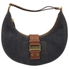 Silver Dior Half Moon Bag in Denim Canvas and Brown Leather.