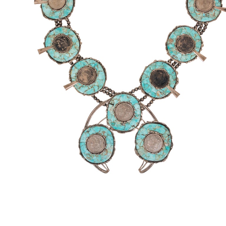 Silver Dollar Coin and Turquoise Squash Blossom Necklace For Sale at