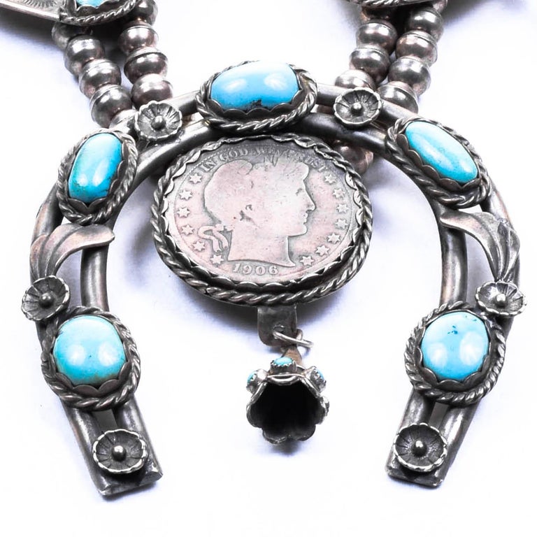 Silver Dollar Coin Squash Blossom Necklace and Earrings For Sale at 1stDibs