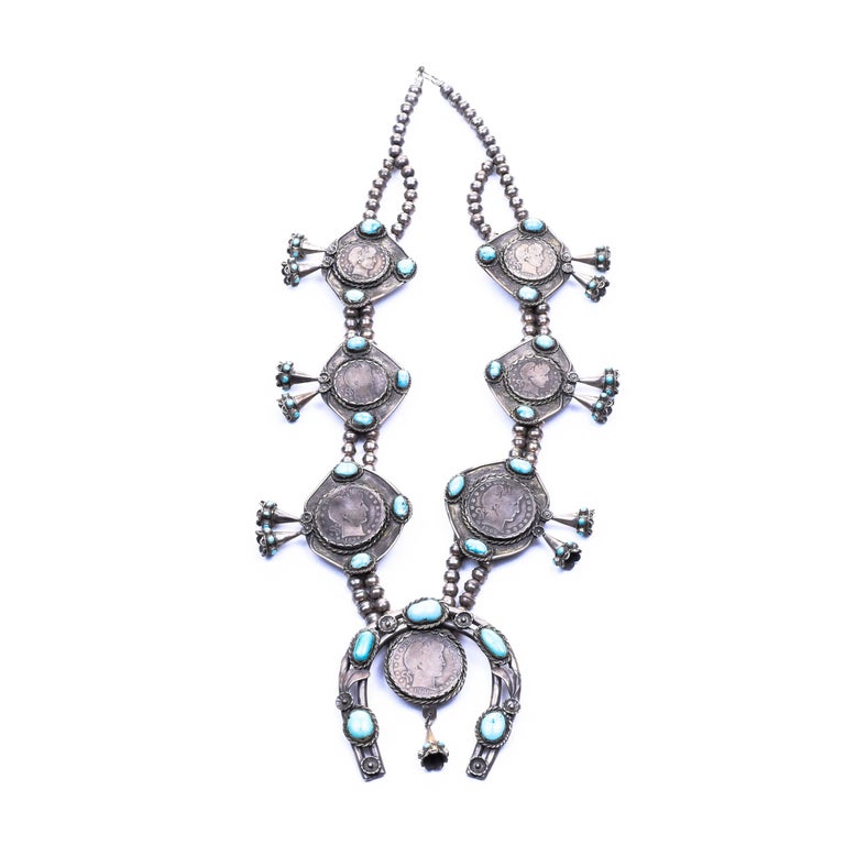 Silver Dollar Coin Squash Blossom Necklace and Earrings For Sale at 1stDibs