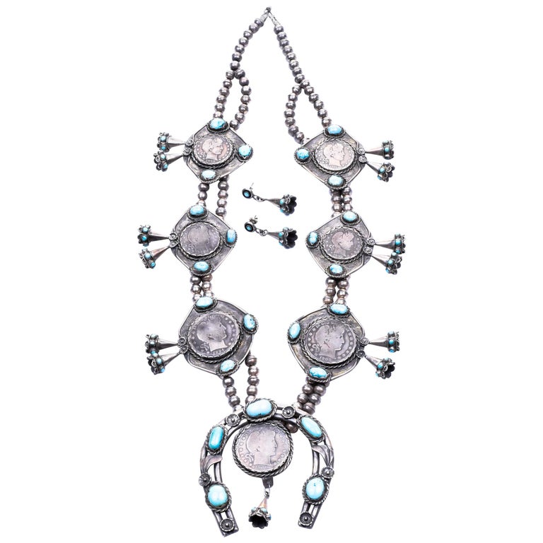 Silver Dollar Coin Squash Blossom Necklace and Earrings For Sale at 1stDibs