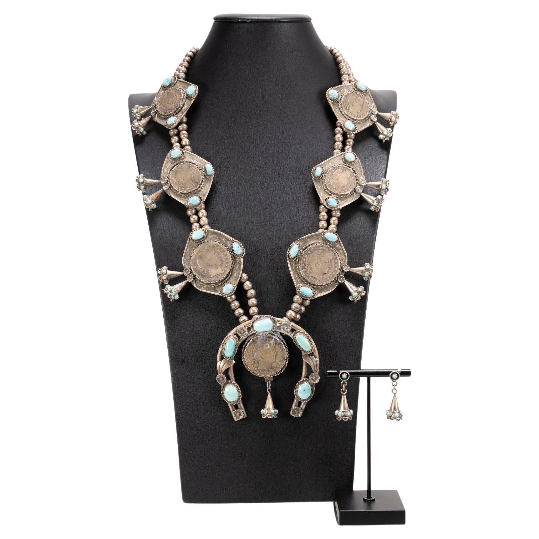 Silver Dollar Coin Squash Blossom Necklace and Earrings