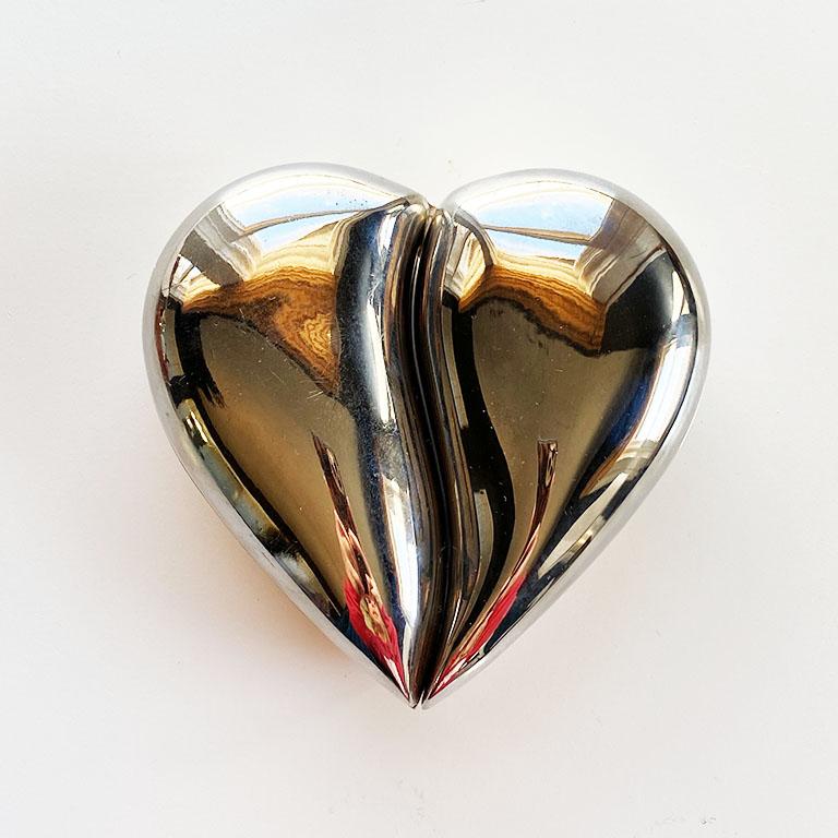 20th Century Silver Double Compartment Heart Box with Velvet Lining