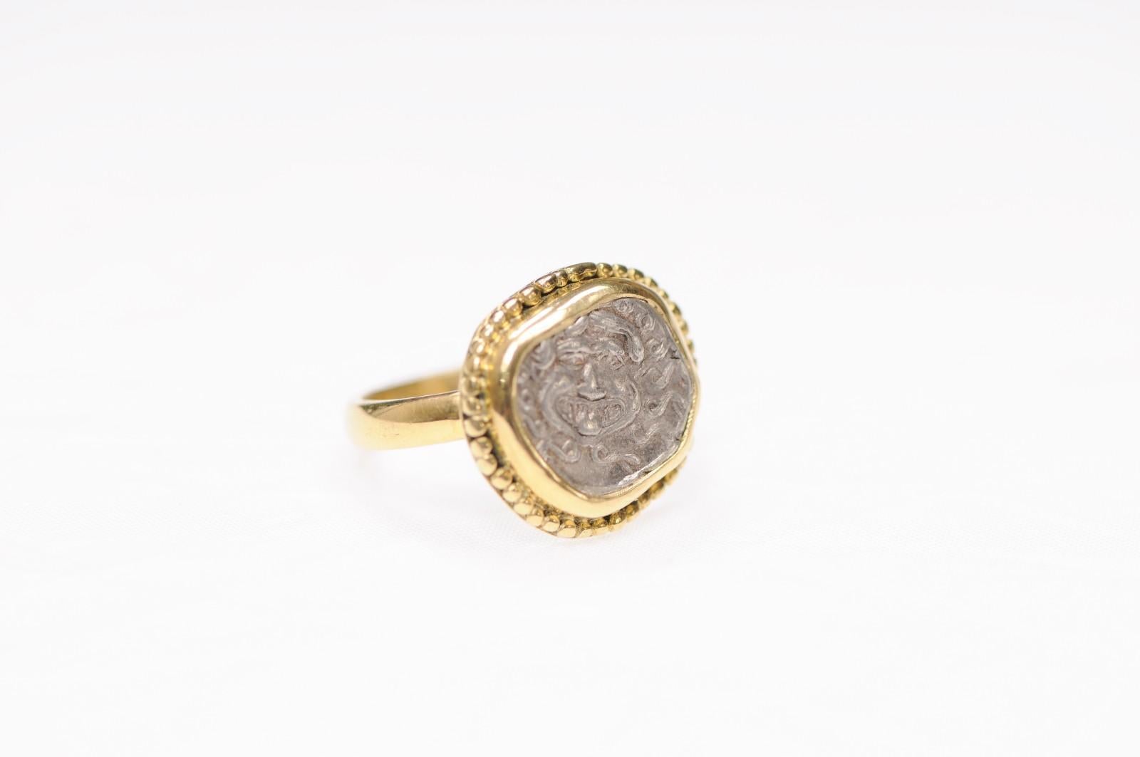 Classical Greek Silver Drachma of Medusa in 18K Ring For Sale