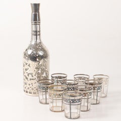 Art Nouveau Sterling Silver Hand-Blown Cranberry Crystal Decanter with 7 Glasses